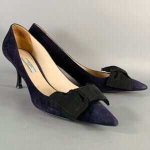 PRADA Size 11 Navy Suede Bow Pointed Toe Kitten Heel Pumps